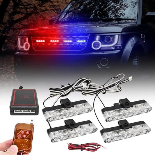 Car Grill Red & Blue Police Flasher Emergency Warning Strobe Light for Cars with Controller & Flashing Modes