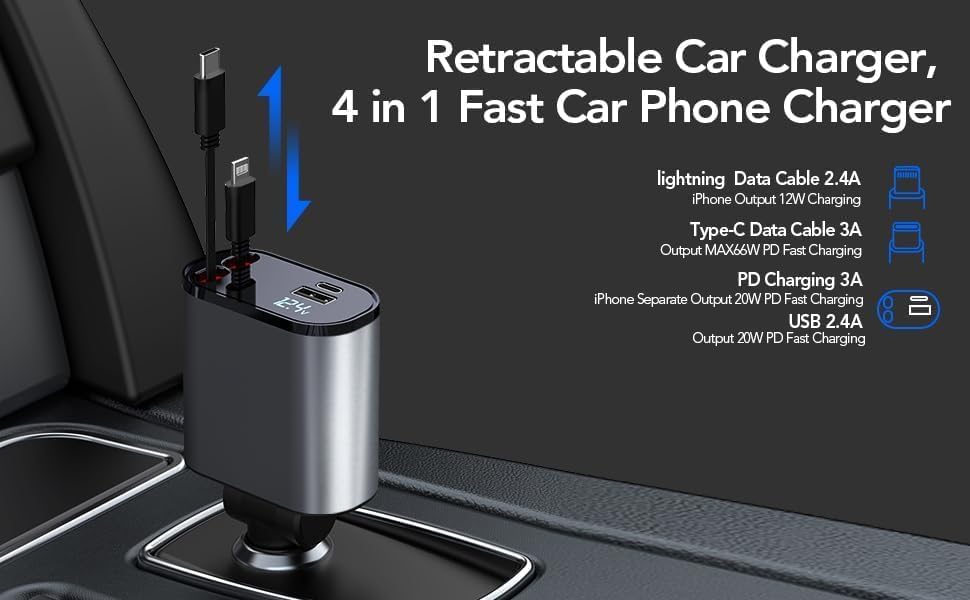 4-in-1 Retractable Car Charger, 100W Super Fast Charge, with 31.5-Inch Retractable Cables and Dual USB Ports, Compatible with All iPhone, iPad, Pixel, Tablets, All Android Phones (RC12W)