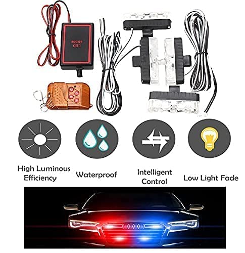 Car Grill Red & Blue Police Flasher Emergency Warning Strobe Light for Cars with Controller & Flashing Modes