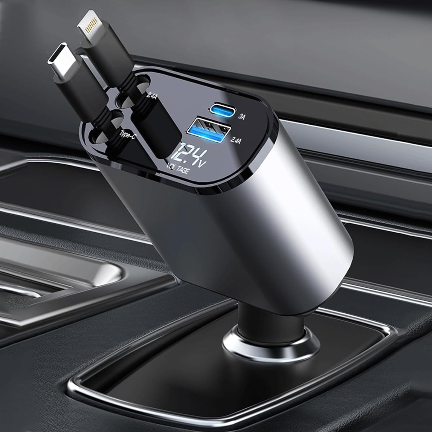4-in-1 Retractable Car Charger, 100W Super Fast Charge, with 31.5-Inch Retractable Cables and Dual USB Ports, Compatible with All iPhone, iPad, Pixel, Tablets, All Android Phones (RC12W)