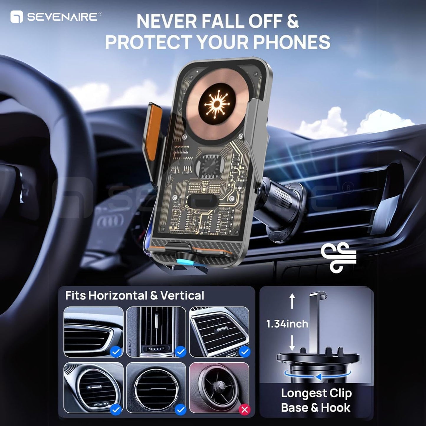 Wireless Charger for Car, Auto-Clamping Mobile Holder | 15W Qi Fast Charging | Wireless Car Charger| 360° Rotation | 1M Type C Cable