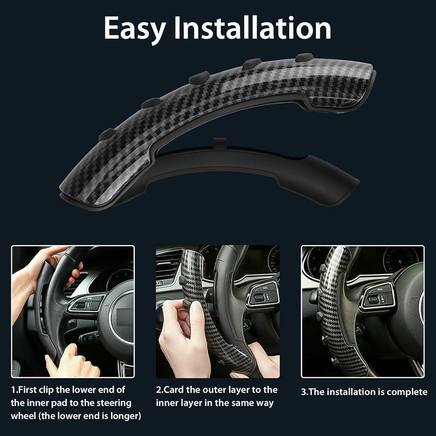 Black Carbon Fiber ABS Texture Steering Wheel Grip Cover for All Cars Anti Skid Non Slip, Interior Decoration, 15-Inch Car Accessory