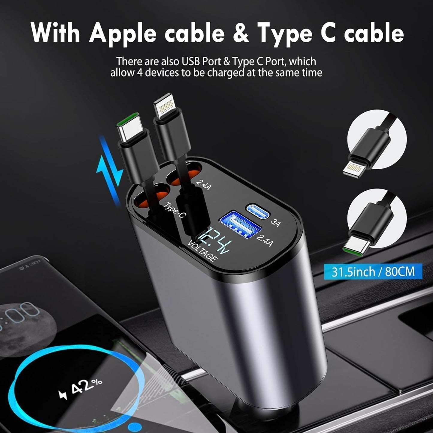 4-in-1 Retractable Car Charger, 100W Super Fast Charge, with 31.5-Inch Retractable Cables and Dual USB Ports, Compatible with All iPhone, iPad, Pixel, Tablets, All Android Phones (RC12W)
