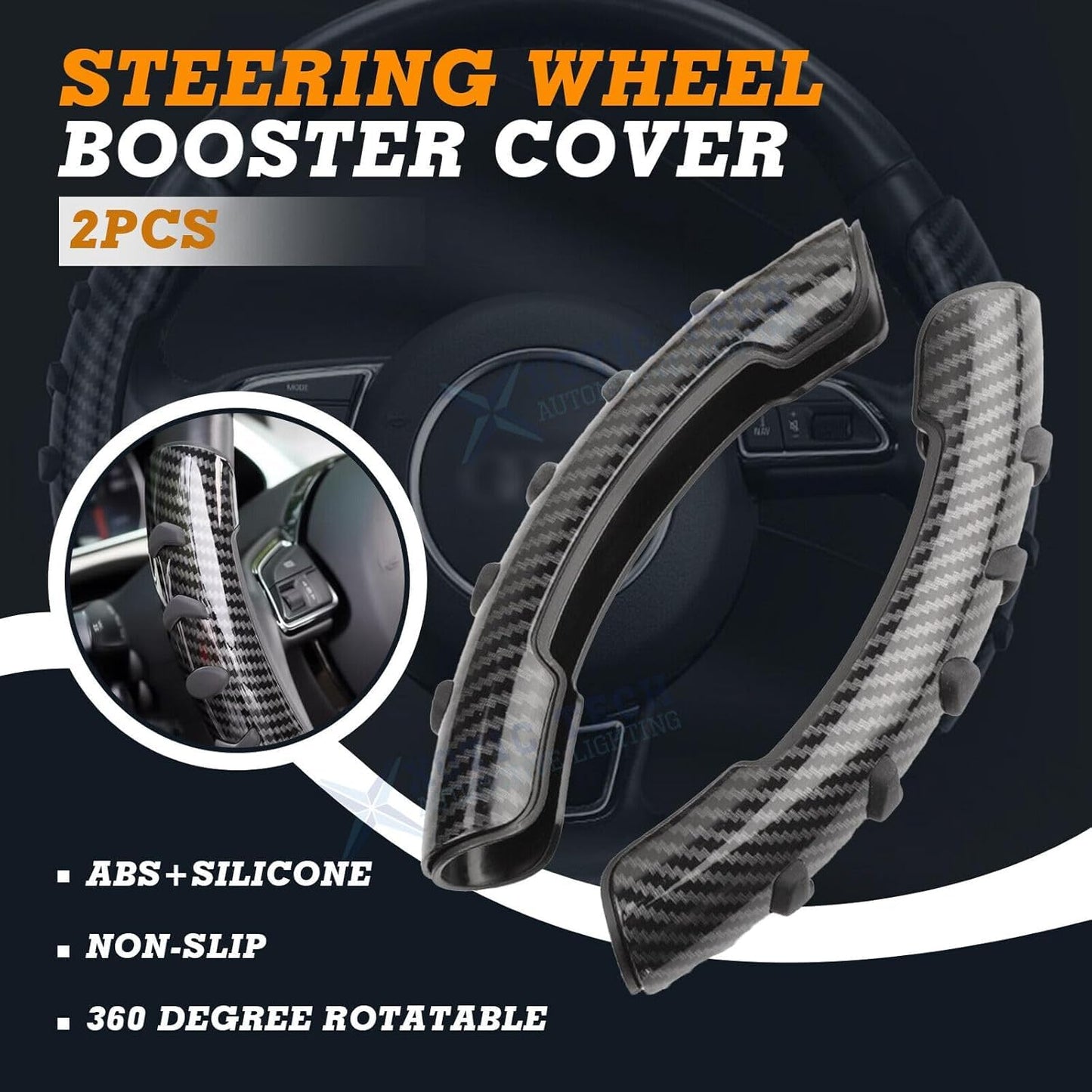 Black Carbon Fiber ABS Texture Steering Wheel Grip Cover for All Cars Anti Skid Non Slip, Interior Decoration, 15-Inch Car Accessory
