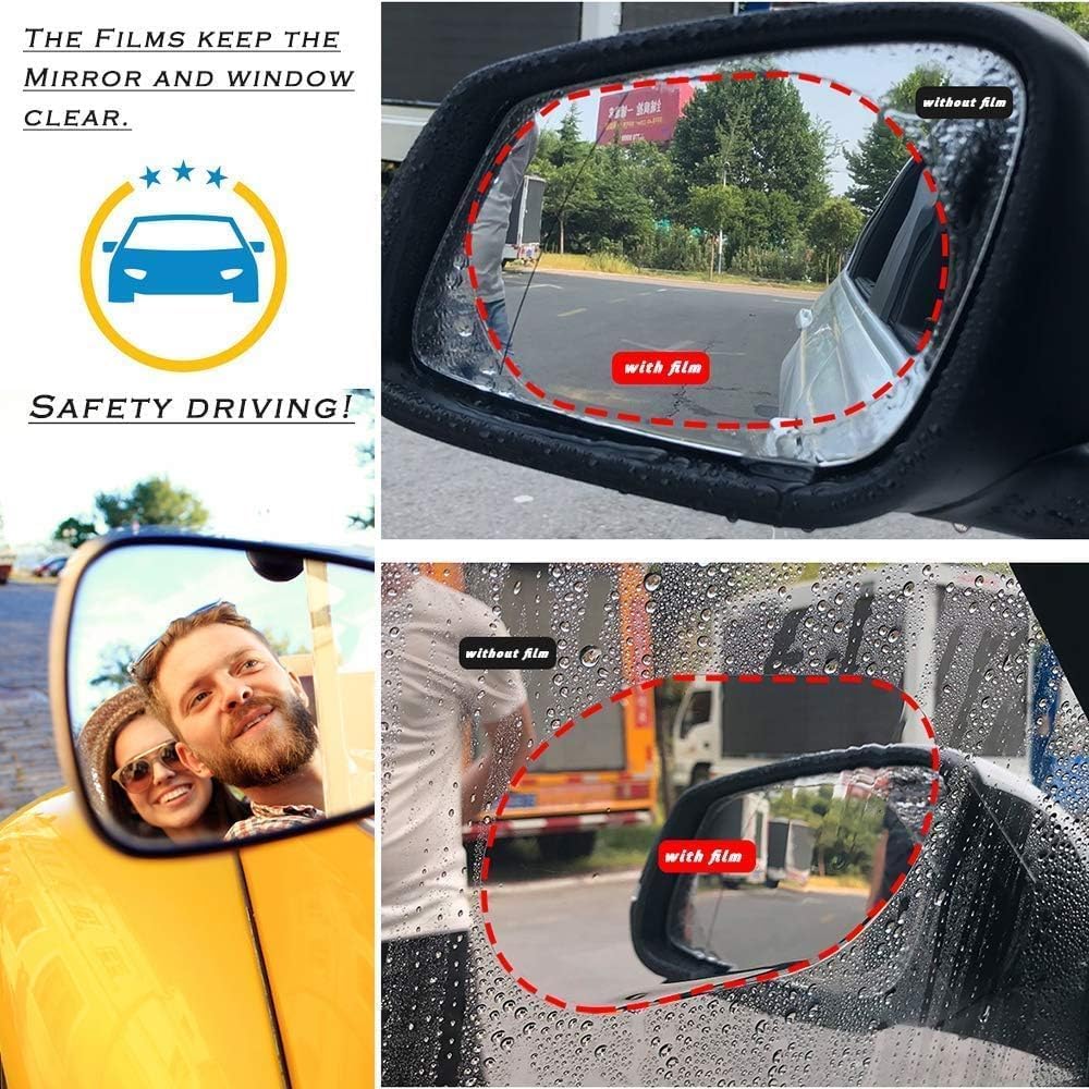 Anti Fog Film For  Car Rearview Mirror Films Anti-Rain Fog Waterproof Anti-Glare, Anti-Scratch PET Material Film Accessories (2 PCs Oval + 2 PCs Square) Combo Pack