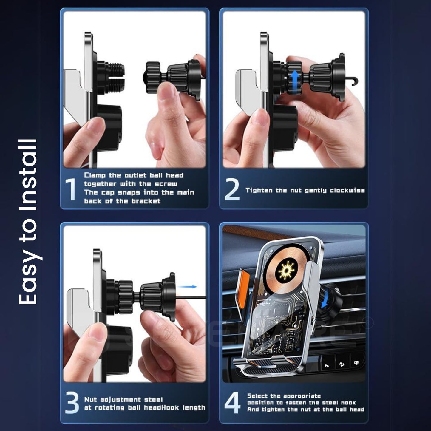 Wireless Charger for Car, Auto-Clamping Mobile Holder | 15W Qi Fast Charging | Wireless Car Charger| 360° Rotation | 1M Type C Cable