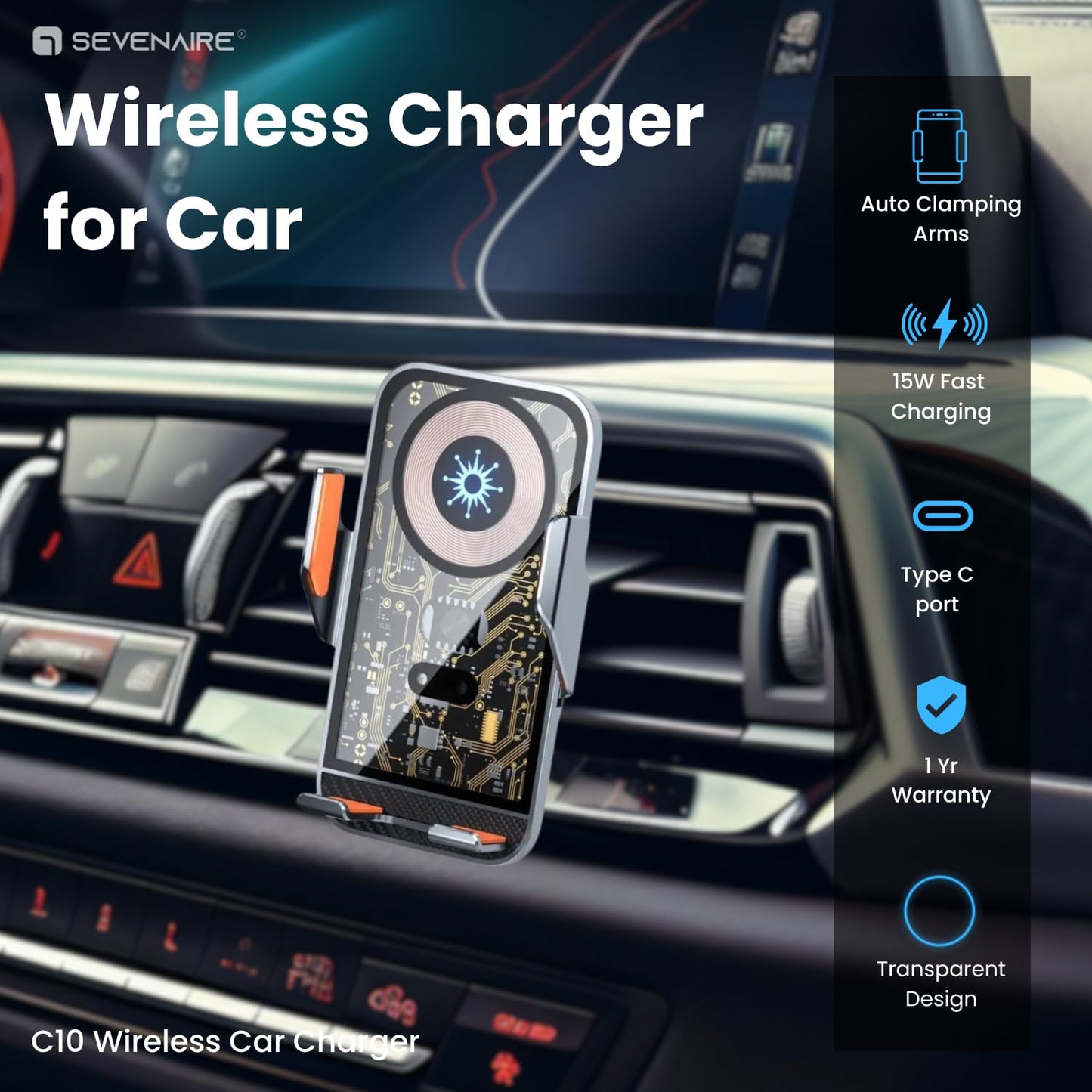 Wireless Charger for Car, Auto-Clamping Mobile Holder | 15W Qi Fast Charging | Wireless Car Charger| 360° Rotation | 1M Type C Cable