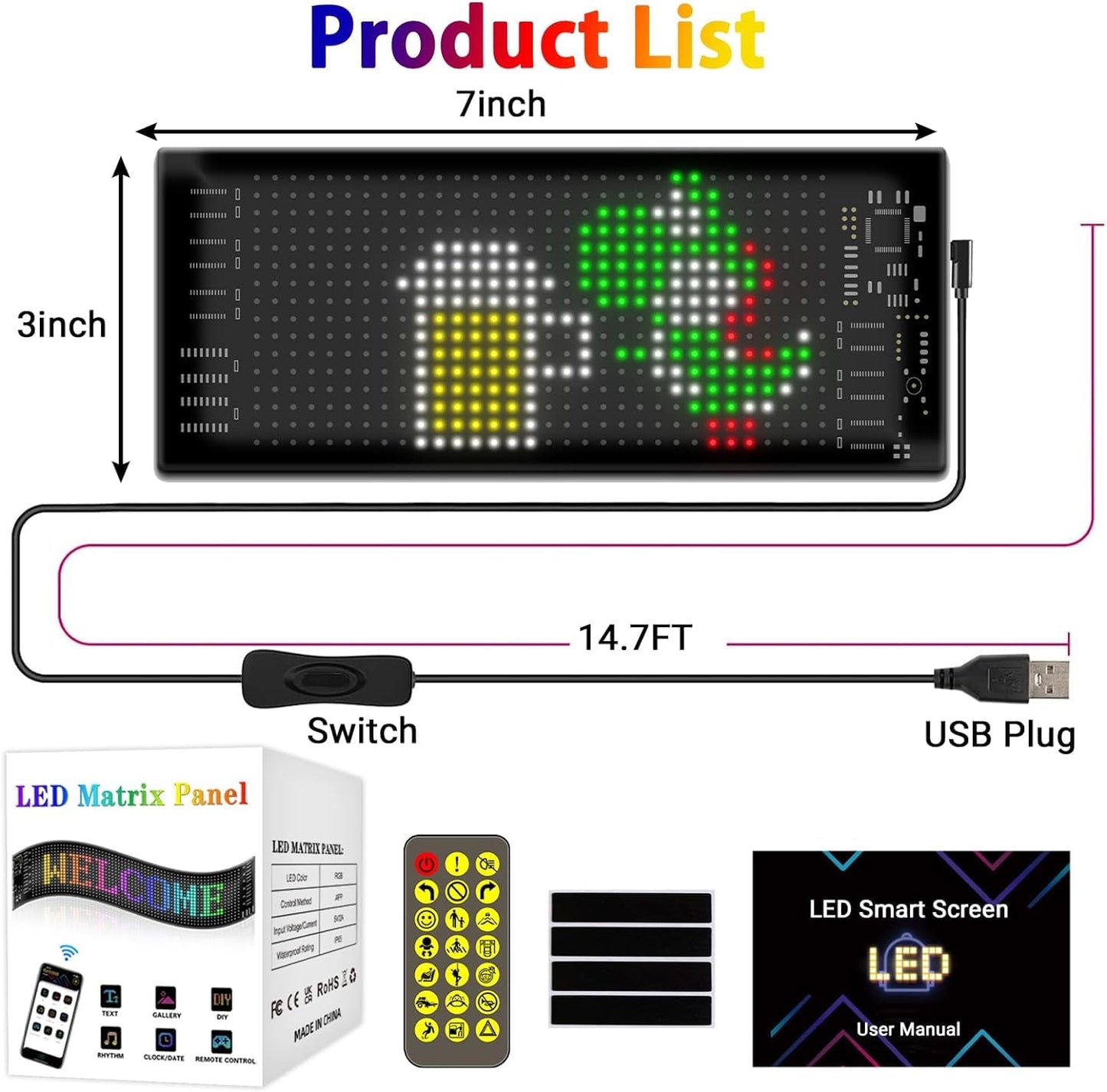 7 x 3 Inches Flexible IP65 Waterproof DIY Customizable LED Matrix Panel Display Screen Sign Board with Mobile Application and Remote Control for Cars, Home, Office, Shops
