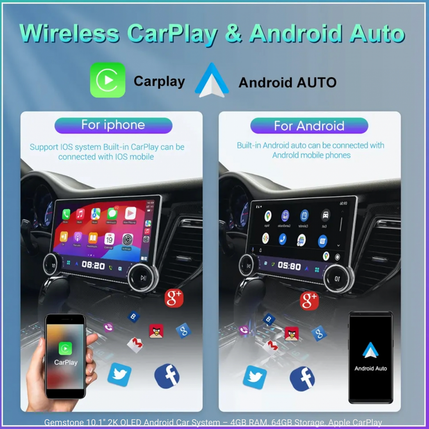 Universal Gemstone Android Stereo 10.1 Inch QLED | Diamond 2K | Dual Knob | 4GB RAM 32GB | Wireless Apple CarPlay | Android Auto | With AHD Camera Support