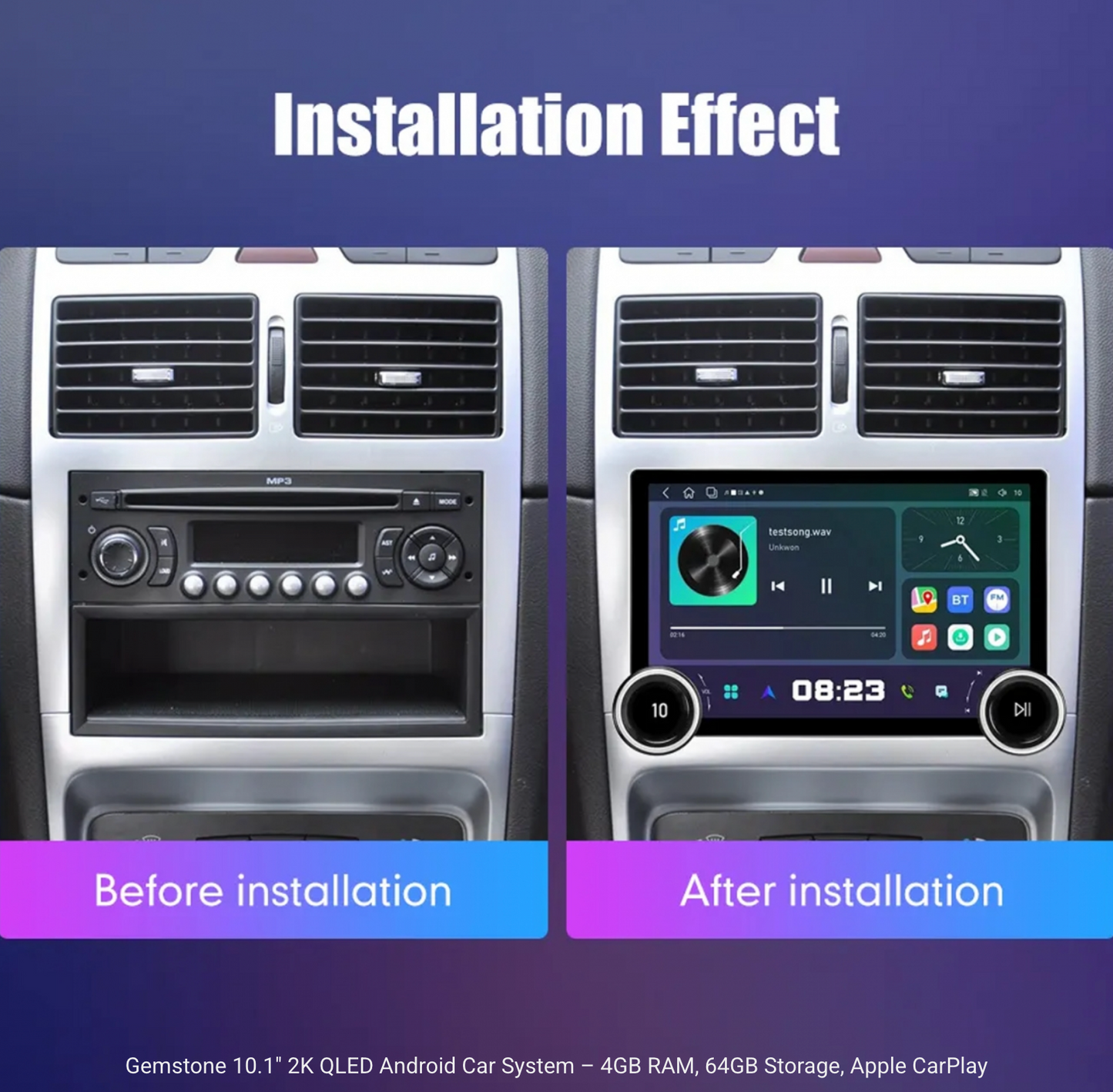 Universal Gemstone Android Stereo 10.1 Inch QLED | Diamond 2K | Dual Knob | 4GB RAM 32GB | Wireless Apple CarPlay | Android Auto | With AHD Camera Support